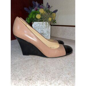 Kate Spade New York Leather Wedge Cap Toe Heels Beige & Black Womens Size 7.5